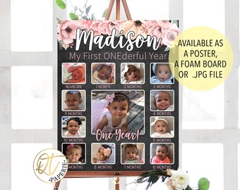 First Birthday Photo Collage, Flower First Year, Gold Monthly Photo, Flower Picture Sign, First 12 Months Poster, 1st Birthday Picture Sign