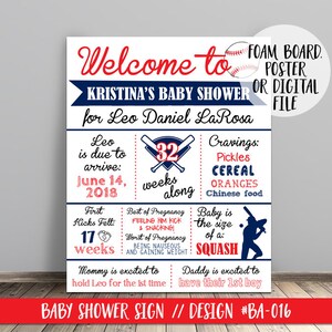May include: A blue and red baseball-themed baby shower sign with the text "Welcome to Kristina's Baby Shower for Leo Daniel La Rosa". The sign includes details about the baby's due date, the mother's pregnancy cravings, and the baby's size.