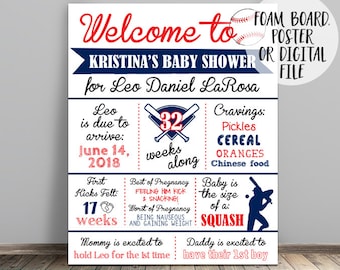 May include: A blue and red baseball-themed baby shower sign with the text "Welcome to Kristina's Baby Shower for Leo Daniel La Rosa". The sign includes details about the baby's due date, the mother's pregnancy cravings, and the baby's size.