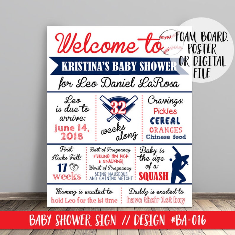 May include: A blue and red baseball-themed baby shower sign with the text "Welcome to Kristina's Baby Shower for Leo Daniel La Rosa". The sign includes details about the baby's due date, the mother's pregnancy cravings, and the baby's size.