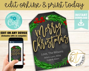 Christmas Gift Tag Template, Merry Christmas Tag, Christmas Holly Tag, Gold Christmas Tag, Christmas Tag Printable, Xmas Tag, Gift Tag