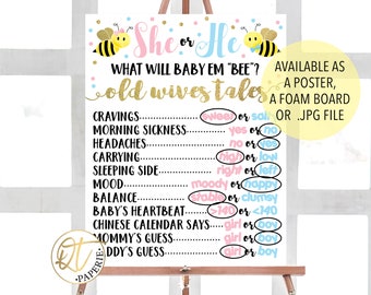 Bee Old Wives Tales Sign, Bee Gender Reveal Sign, What Will Baby Bee, Bee Boy or Girl Sign, Old Wives Gender Reveal Sign