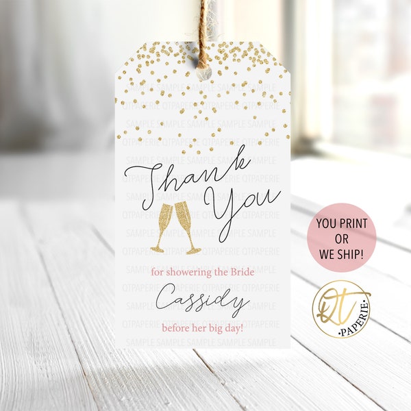 Champagne Bridal Shower Favor Tag, Brunch Bubbly Tag, Champagne Bottle Tag, Bridal Shower Thank You Tag, Printed Gold Confetti Tag