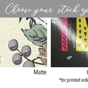 May include: Two close-up images showing the difference between matte and glossy paper finishes. The matte image shows a floral design with a subtle texture. The glossy image shows a colorful geometric design with a shiny, reflective surface.  *For printed orders only*