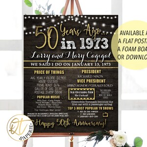 May include: A black and gold 50th anniversary sign with a rustic wood background. The sign features the text "50 Years Ago... in 1973" and "Larry and Mary Cagigal". It also includes a list of prices for common goods in 1973, such as the average yearly income, the price of a house, a movie ticket, a gallon of gas, and a postage stamp. The sign also lists the president and vice president of the United States in 1973, the top-grossing film, and the top three most popular TV shows.
