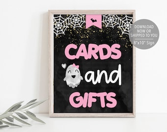 Cute Ghost Gifts and Cards Sign, Gifts and Cards Ghost Sign, Boo Day Party Sign, Ghost Party Decor, Pink Boo Day Birthday Decoration