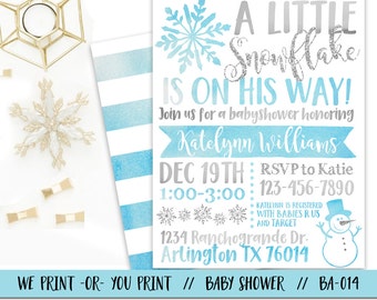 May include: A blue and silver baby shower invitation with a snowflake design. The invitation reads "A Little Snowflake is on his way!" and includes the date, time, and RSVP information. The invitation also includes a snowman graphic.