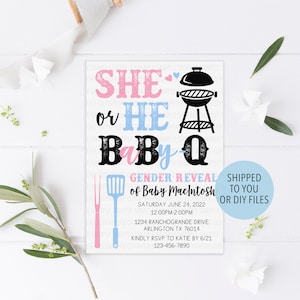 Baby Q Gender Reveal Invitation, Baby Q Invitation, BBQ Gender Reveal Invite, Bun in Oven Burger on Grill Invitation, Baby Q Invite