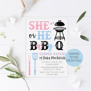 Baby Q Gender Reveal Invitation, Baby Q Invitation, BBQ Gender Reveal Invite, Bun in Oven Burger on Grill Invitation, Baby Q Invite Pink / Blue
