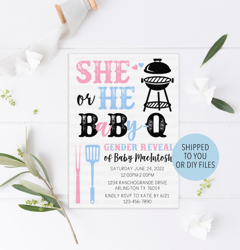 Baby Q Gender Reveal Invitation, Baby Q Invitation, BBQ Gender Reveal Invite, Bun in Oven Burger on Grill Invitation, Baby Q Invite Pink / Blue