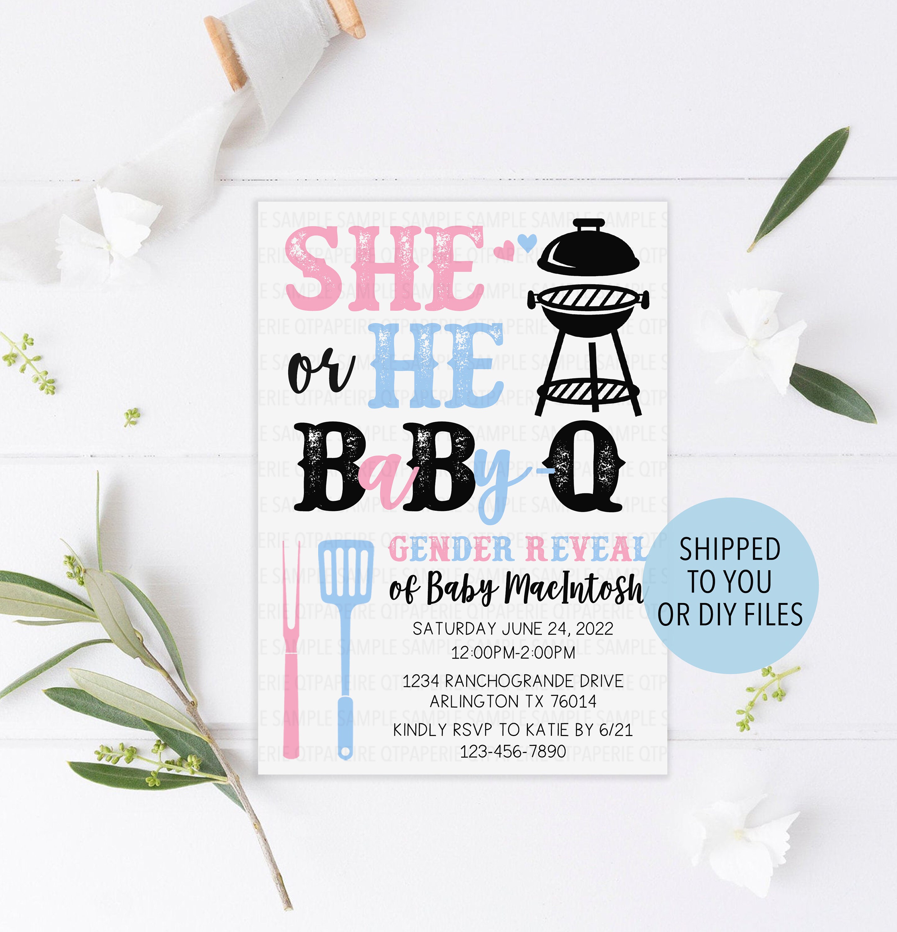 Baby Q Gender Reveal Invitation Baby Q Invitation BBQ Gender Etsy