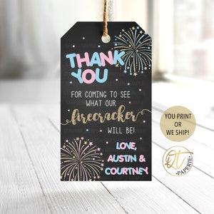 Étiquette de remerciement sexe feu d'artifice, étiquette de révélation de genre feu d'artifice, étiquette de pétard, remerciement du 4 juillet, révélation de genre du 4 juillet