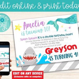Mermaid And Shark Birthday Invitation, Editable Mermaid Shark Invitation, Sibling Girl Boy Combined Birthday Invite, Mermaid Shark Birthday