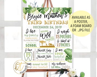 Young Wild and Three Birthday Sign, Safari 3rd Birthday Sign, Wild Birthday Poster, Jungle Party Sign, Jungle Wild and 3 Birthday Board