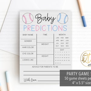 May include: A printable baby shower game card with a baseball theme. The card has a list of predictions for the baby, including name, gender, weight, hair color, eye color, height, and advice for the parents to be. The card also includes a calendar for the month and day of the baby's birth. The card is 4 inches by 5.5 inches and comes in a set of 50.