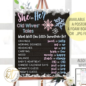 Snowflake Gender Reveal Sign, Printed Snowflake Old Wives Tales Poster, He She Snowflake Sign, Winter Gender Reveal Board, Snowflake Reveal