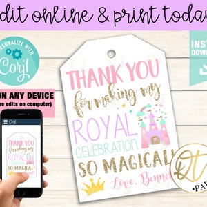 Princess Thank You Tag, Princess Birthday Tag, Princess Party Tag, Princess Birthday Favor, Princess Tag, Princess Tag Instant Download image 1