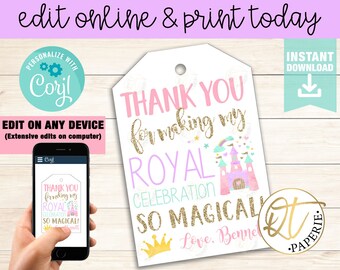 Princess Thank You Tag, Princess Birthday Tag, Princess Party Tag, Princess Birthday Favor, Princess Tag, Princess Tag Instant Download