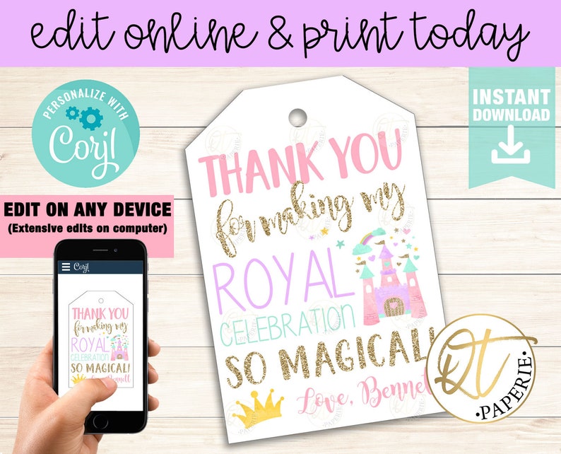 Princess Thank You Tag, Princess Birthday Tag, Princess Party Tag, Princess Birthday Favor, Princess Tag, Princess Tag Instant Download image 1