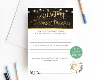 40th Anniversary Party Printable, Rustic Anniversary Memory Card, 40th Wedding Anniversary Party, 40th Anniversary Printable