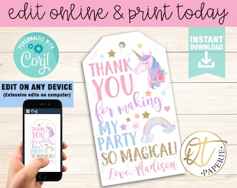 Unicorn Thank You Tag, Unicorn Birthday Tag, Unicorn Party Tag, Unicorn Birthday Decor, Unicorn Tag, Magical Birthday Tag Template Download