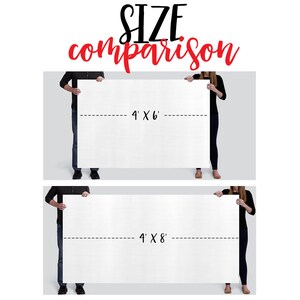 May include: Two people holding up white rectangular signs with black dashed lines and the text "4' x 6'" and "4' x 8'" printed on them. The text "SIZE comparison" is printed in red at the top of the image.