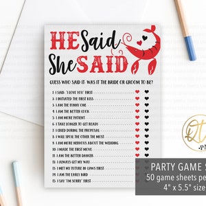 Jeu de fête de fiançailles d&#39;écrevisses, jeu de douche nuptiale d&#39;écrevisses bouillir, il a dit qu&#39;elle a dit, feuilles de jeu de fruits de mer, jeu de couples imprimé aimé Bayou