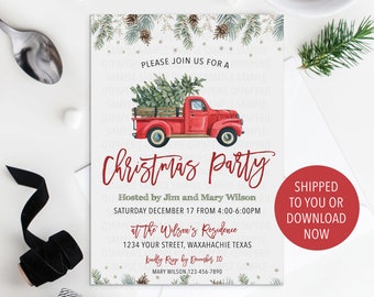 May include: A red truck with a Christmas tree in the back, driving through a snowy forest. The truck is decorated with red and white lights. The invitation reads "Please join us for a Christmas party hosted by Jim and Mary Wilson, Saturday December 17 from 4:00-6:00PM at the Wilson's Residence, 1234 Your Street, Waxahachie Texas. Kindly RSVP by December 10. Mary Wilson 123-456-7890."