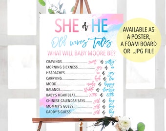 Watercolor Gender Reveal Sign, Watercolor Old Wives Tale Sign, Gender Predictions Sign, He or She Watercolor Gender Chart, Old Wives Chart