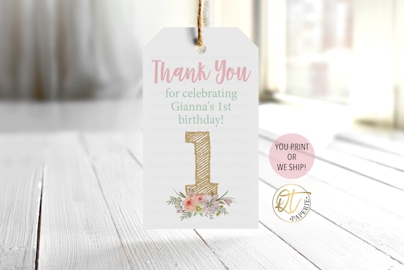 Printed 1st Birthday Thank You Tag, First Birthday Party Favor Tag, Floral Thank You Tag, Flower Favor Tag, Tea Party Favor Tag,