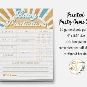 May include: A printable baby shower game set with a retro sunburst design. The game sheet has a title that says "Baby Predictions" and includes categories for guests to guess the baby's name, hair color, eye color, weight, height, time of birth, month of birth, and day of birth. The game set includes 50 sheets per pad, is 4 inches by 5.5 inches, and is printed on acid-free paper with a cardboard backing.