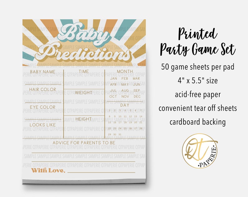 May include: A printable baby shower game set with a retro sunburst design. The game sheet has a title that says "Baby Predictions" and includes categories for guests to guess the baby's name, hair color, eye color, weight, height, time of birth, month of birth, and day of birth. The game set includes 50 sheets per pad, is 4 inches by 5.5 inches, and is printed on acid-free paper with a cardboard backing.