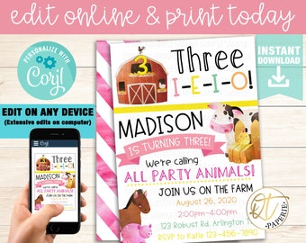 Girl Farm 3rd Birthday Invitation, Girly Farm Birthday, Editable Pink Farm Party Invitation, Farm Invite, Farm Invitation, Barnyard Birthday