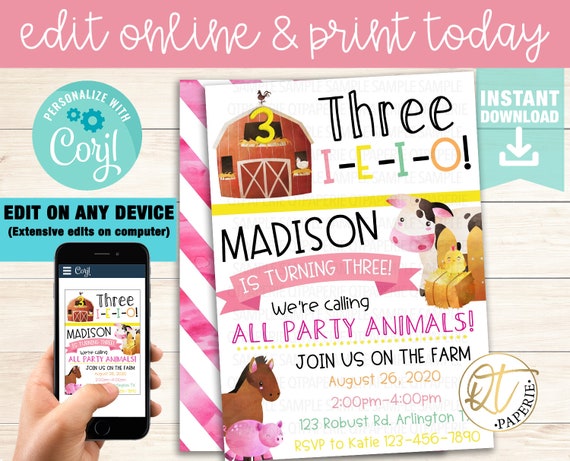 Girl Farm 3rd Birthday Invitation, Girly Farm Birthday, Editable Pink Farm Party Invitation, Farm Invite, Farm Invitation, Barnyard Birthday