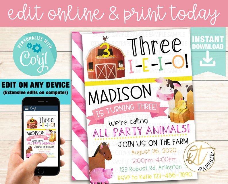 May include: A pink and white striped background with a yellow banner that says "Three I-E-I-O!" and "Madison is turning three!"  The banner has a cartoon farm scene with a red barn, a cow, a horse, a pig, and a chick. The text "We're calling all party animals! Join us on the farm" is in yellow letters on a pink background. The date, time, and location of the party are listed below.