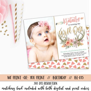 May include: A printable first birthday invitation featuring a photo of a baby girl with a pink flower headband. The invitation has a pink and gold color scheme with a floral design and the text "Natalie is turning the Wild One".