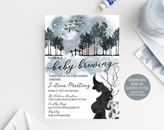 May include: A baby shower invitation with a watercolor background featuring a silhouette of a pregnant woman dressed as a witch. The invitation is for Leticia Martinez and includes the date, time, and location of the shower. The text "There is a baby brewing" is written in a whimsical font.