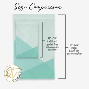 Pode incluir: Compara&ccedil;&atilde;o de duas bandeiras de jardim, uma de 30,5 cm x 45,7 cm e outra de 61 cm x 91,4 cm, com um design geom&eacute;trico turquesa e branco. O texto "Size Comparison" est&aacute; no topo. A menor &eacute; uma bandeira de jardim tradicional.