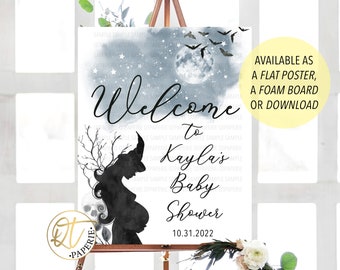May include: A welcome sign for a baby shower with a witch silhouette, stars, and a moon. The text reads "Welcome to Kayla's Baby Shower 10.31.2022".