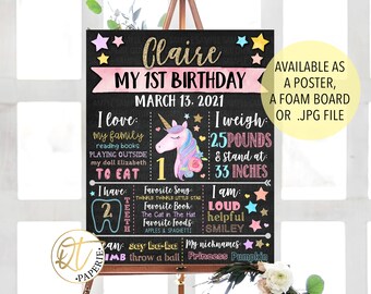 Unicorn First Birthday Sign, Unicorn 1st Birthday Chalkboard, Rainbow Chalkboard, Magical Birthday Poster, Printed Unicorn Birthday Poster