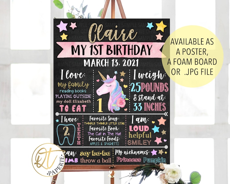 May include: A black chalkboard style sign with a unicorn graphic and pink, blue, and yellow stars. The sign says "Claire My 1st Birthday March 13, 2021". It also lists details about Claire, such as her weight, height, favourite things, and what she can do.