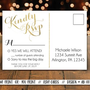 Carte postale RSVP rustique, carte postale RSVP en or blanc, carte postale RSVP en or imprimée, carte postale Rsvp de mariage, cartes Rsvp d’anniversaire en or, inserts Rsvp