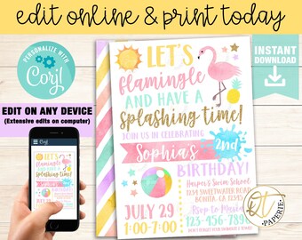Flamingo Birthday Invitation, Flamingle Invitation, Summer Birthday Invitation, Editable Pool Party Invitation, Flamingo Invite,