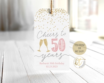 Cheers to 50 Years Favor Tags | 50th Birthday Gift Tags Printable or Shipped | Gold Glitter Champagne Party Tags Women Birthday