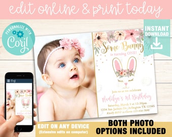 Bunny First Birthday Invitation Template, Easter Bunny Birthday Invitation, Some Bunny Invitation, Easter Bunny Invite, Instant Download