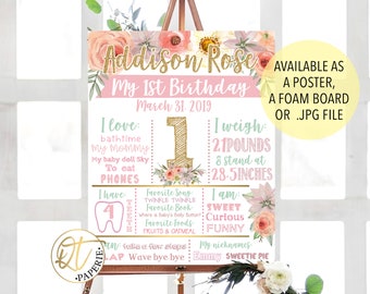 1st Birthday Chalkboard, First Birthday Milestones, Floral Gold Birthday Sign, First Year Chalkboard, 1st Birthday Sign, Floral Birthday