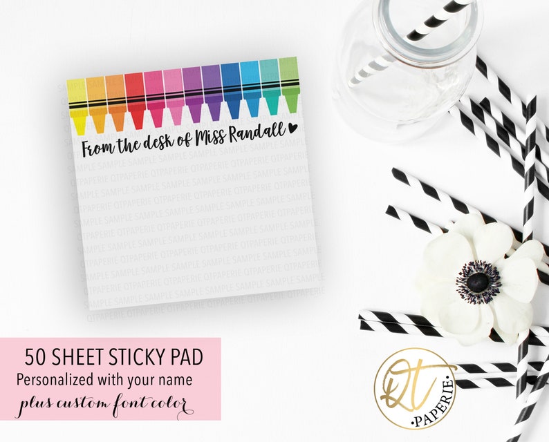 May include: A 50-sheet sticky note pad with a rainbow crayon border and the text "From the desk of Miss Randall". The sticky note pad is personalized with your name and has a custom font color option.
