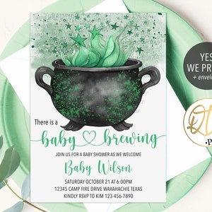 Green Baby Brewing Baby Shower Invitation, Baby Brewing Invite, Halloween Gender Reveal Invitation Template, Spooky Baby Shower, Cauldron