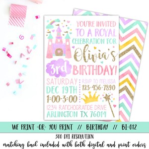 May include: A printable invitation for a 3rd birthday party with a pink castle, rainbow, and stars. The text reads "You're invited to a royal celebration for Olivia's 3rd birthday! Saturday, Dec 19th, 1:00-3:00, 1234 Rancho Grande Drive, Arlington TX 76014".