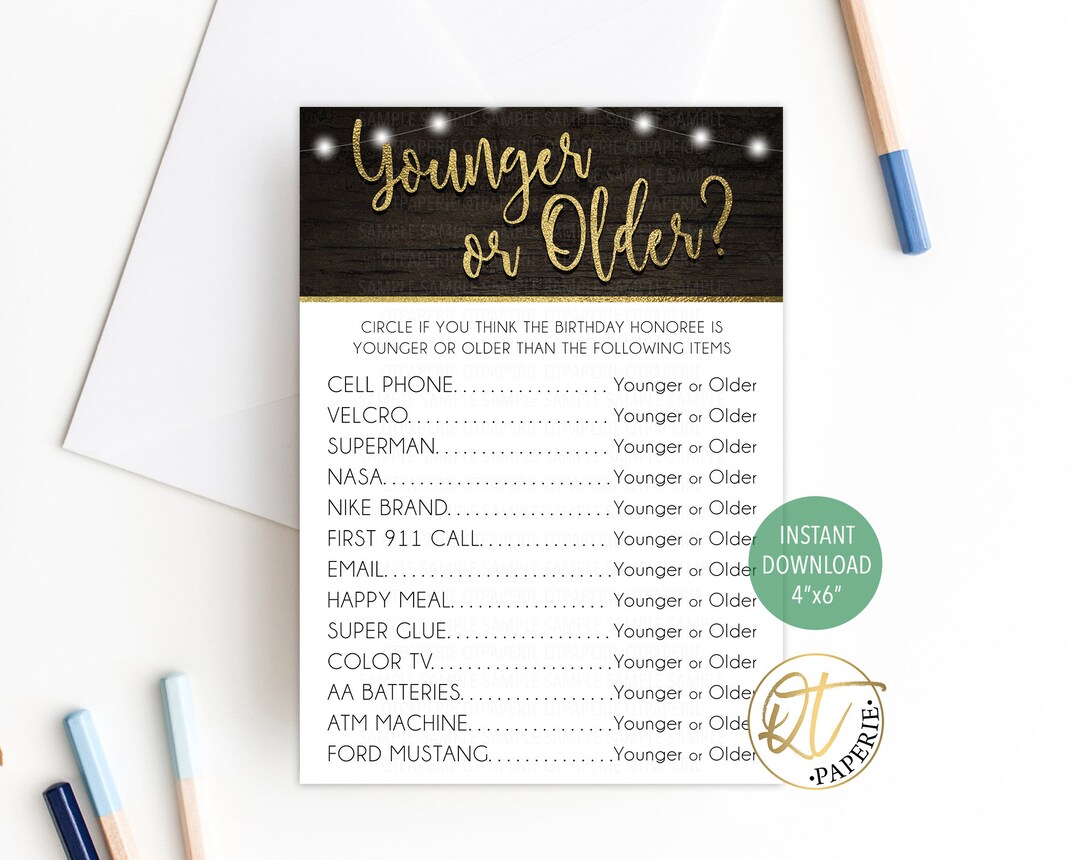 50th Birthday Printable Game, 60 Birthday, 70th Birthday, Younger or ...
